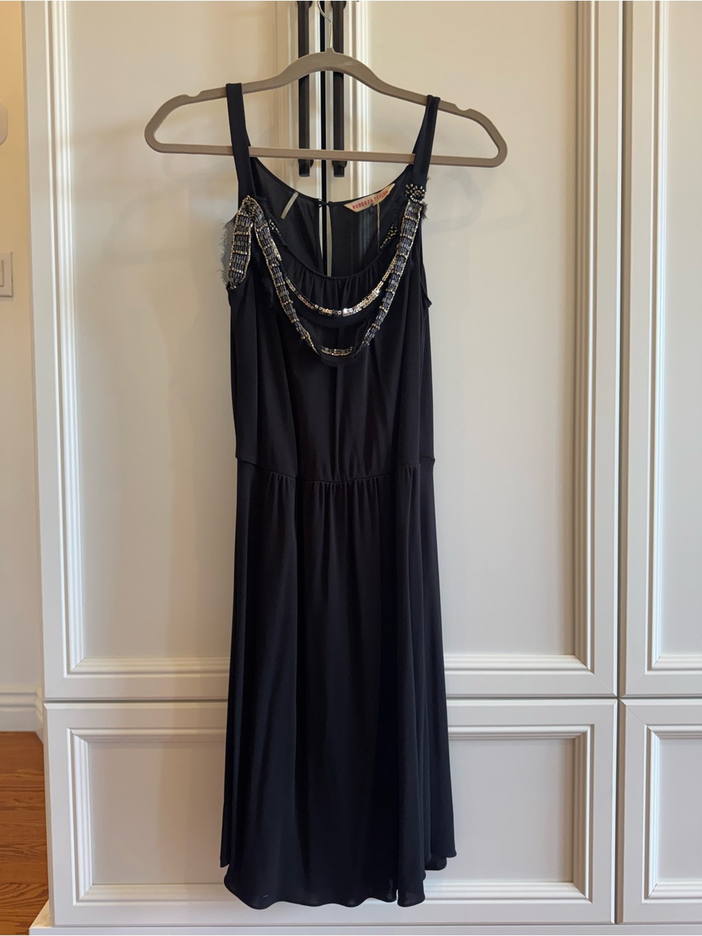 Rebecca Taylor Black Midi Dress with Beaded Neckline